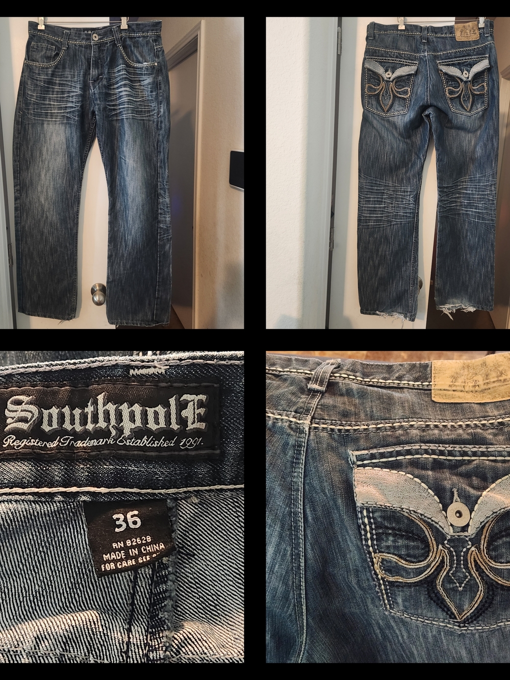 Vintage Southpole Blue Jeans Mens Y2K Hip Hop RN 82628 Baggy W35" L32" Distress